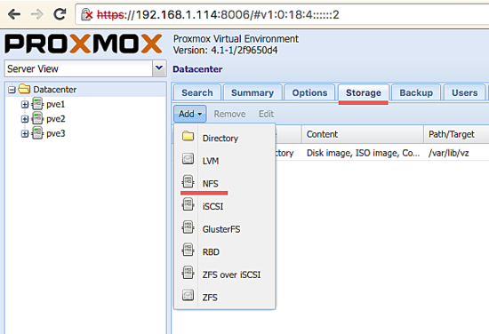 在Proxmox中添加NFS存储。