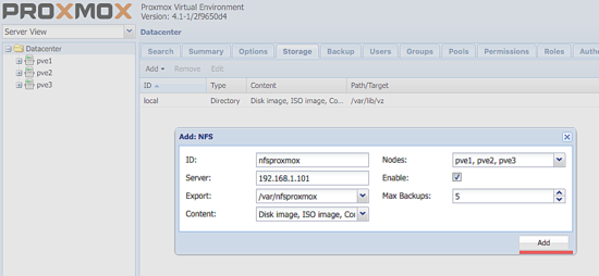 NFS服务器详细信息。